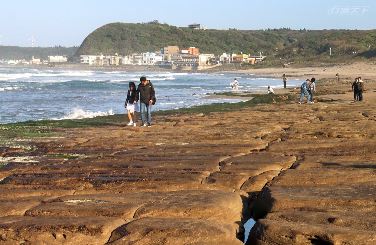 ▲前半段沒長海藻的海岸，遊客可行走於石槽上。